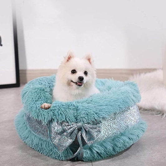 60cm سرير كلب لطيف مستدير من الفرو  على شكل فيونكة وقاعدة مضادة للانزلاق، ناعم ودافئ مهدئ قابل للغسل مقاس