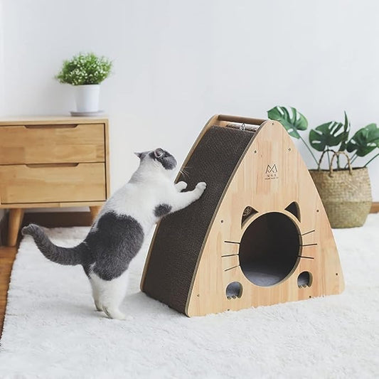 بيت خشبي للقطط على شكل كوخ يحتوي على ألواح للخدش  ونافذة وسرير مريح